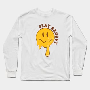 Groovy Melting Smile Face with lettering quote in 70s style. Drippy Smiley Face. Long Sleeve T-Shirt